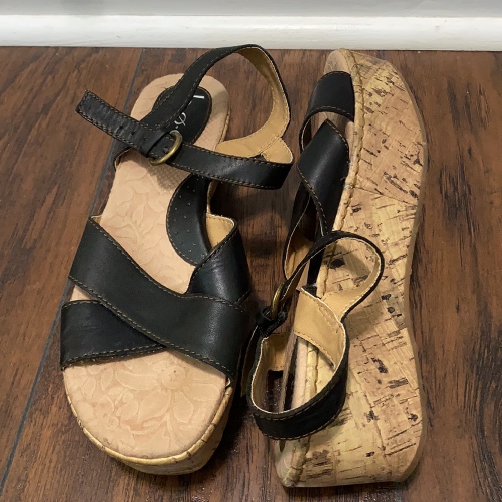 b.o.c. Black Leather Cork Wedge Sandals